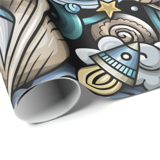 Blue Retro Space Patroon Cadeaupapier (Rol Hoek)