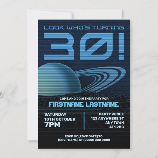 Blue Retrowave 30th Birthday Party Invitation (Devant)