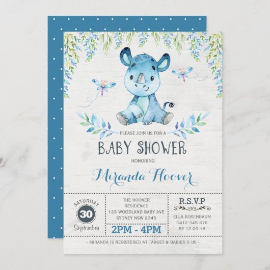 Blue Rhinoceros / Oerwoud Rhino Boy Baby shower Kaart (Voorkant / Achterkant)