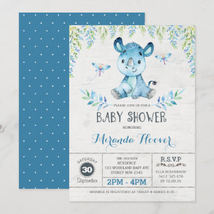 Blue Rhinoceros/Oerwoud Rhino Boy Baby shower Kaart