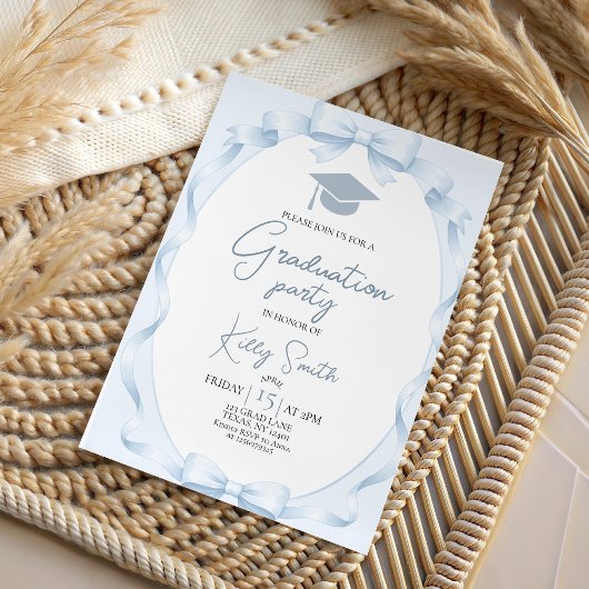 Blue Ribbon Bow Graduation Invitation