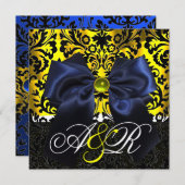 BLUE RIBBON GOLD YELLOW BLACK DAMASK MONOGRAM KAART (Voorkant / Achterkant)