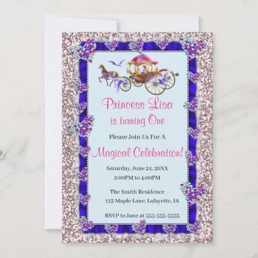 Blue Ribbon Pink Glitter Royal Princess Birthday Kaart (Voorkant)