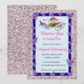 Blue Ribbon Pink Glitter Royal Princess Birthday Kaart (Voorkant / Achterkant)