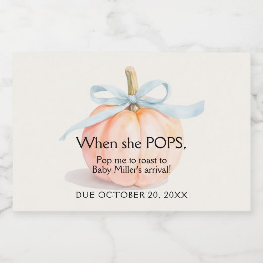 Blue Ribbon Pumpkin Baby shower Mini Sparkling Wijnetiket (Enkel label)