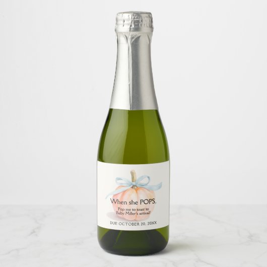 Blue Ribbon Pumpkin Baby shower Mini Sparkling Wijnetiket (Voorkant)