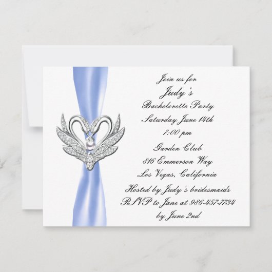 Blue Ribbon Silver Swans Bachelorette Invitation (Devant)