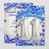 Blue Ribbon & Stars Confetti 11e verjaardagsfeestj Kaart (Voorkant / Achterkant)