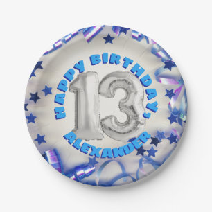 Blue Ribbon & Stars Confetti 13e verjaardag Papieren Bordje