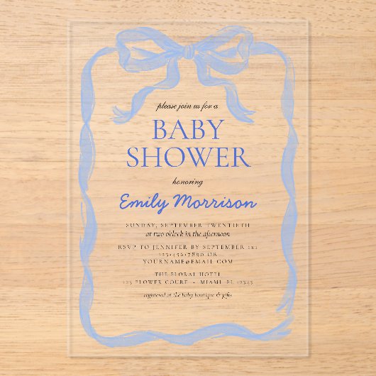 Blue Ribbon Waterverf Bow Boy Baby shower Acryl Uitnodigingen (Voorkant)