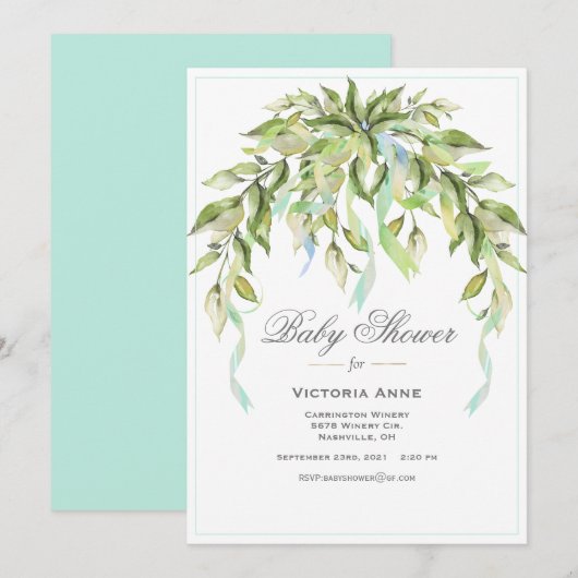 Blue Ribbons Greenery Elegant Baby shower Kaart (Voorkant / Achterkant)