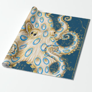 Blue Ring Octopus Indigo Vintage Map Nautical Cadeaupapier