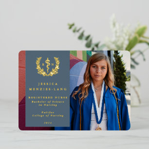 Blue RN Asclepius Afstuderen Fotoaankondiging Folie Uitnodiging