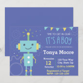Blue Robot Baby shower Invitation Kaart (Voorkant / Achterkant)