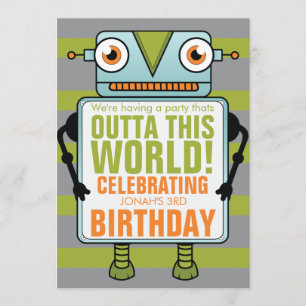 Blue Robot Childs Birthday Party Invitation Kaart