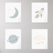 Blue Rocket Ship Moon Planet Buitenruimte Kinder k Muurkunst Sets (Voorkant)