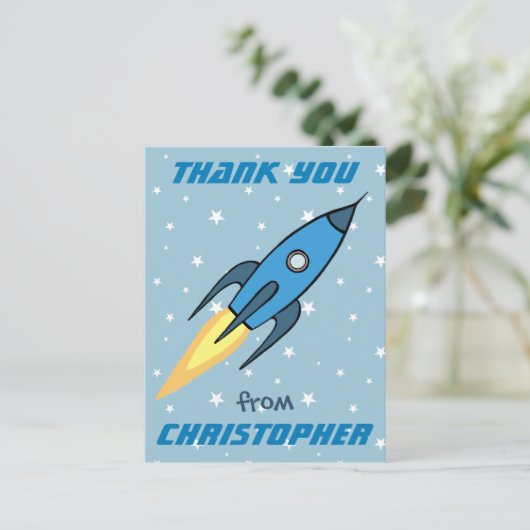 Blue Rocket Ship Outer Space Kinder Dank u | Jonge Briefkaart (Staand voorkant)