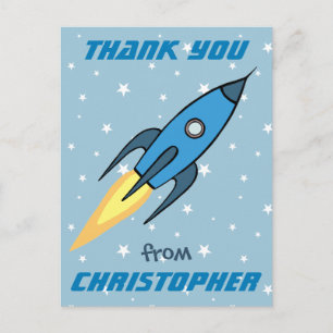 Blue Rocket Ship Outer Space Kinder Dank u   Jonge Briefkaart