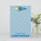 Blue Rocket Ship Outer Space Kinder gepersonalisee Briefpapier (Staand voorkant)