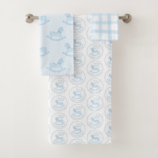 Blue Rocking Horse Baby Boy Gepersonaliseerde hand Bad Handdoek (Insitu)
