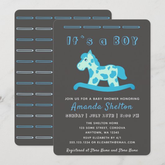 Blue Rocking Horse Baby Boy Shower Invitation (Devant / Derrière)