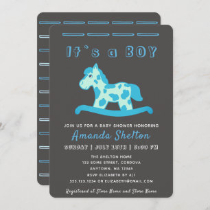 Blue Rocking Horse Baby Boy Shower Invitation