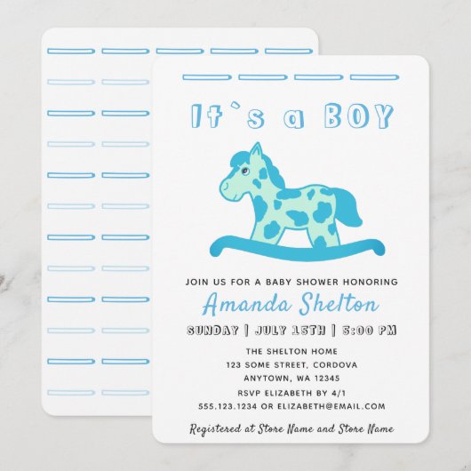 Blue Rocking Horse Baby Boy Shower Invitation (Devant / Derrière)