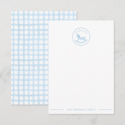 Blue Rocking Horse Baby shower Bedankt Card (Voorkant / Achterkant)