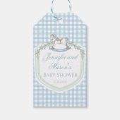 Blue rocking horse gingham baby shower dank u cadeaulabel (Voorkant)