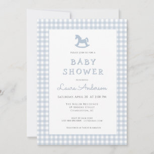 Blue Rocking Horse Gingham Border Boy Baby shower Kaart