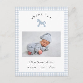 Blue Rocking horse Gingham Boy Birth Announcement Briefkaart