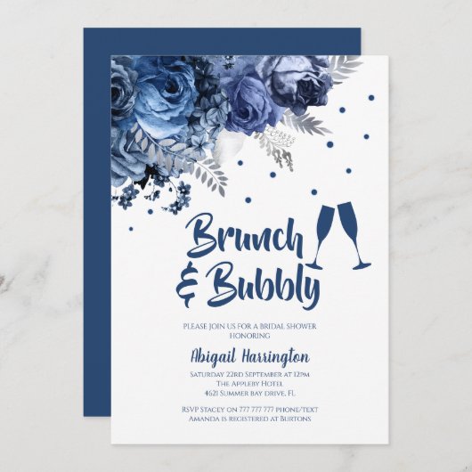 Blue Roos Brunch & Bubbly Bruids Douche Uitnodigin Kaart (Voorkant / Achterkant)