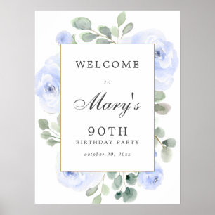 Blue Roos Floral 90th Birthday Welcome Sign Poster