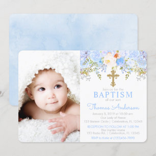 Blue Roos Garden Baptism Photo Invitation Kaart