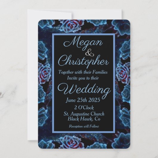 Blue Roos Gold Leaf Night Sky Bruiloft Kaart (Voorkant)