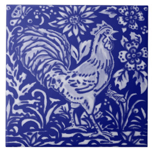Blue Rooster Chicken Floral Farmhouse Rustige Art Tegeltje