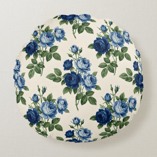 Blue Rose Floral Pattern Rond Kussen (Voorkant)