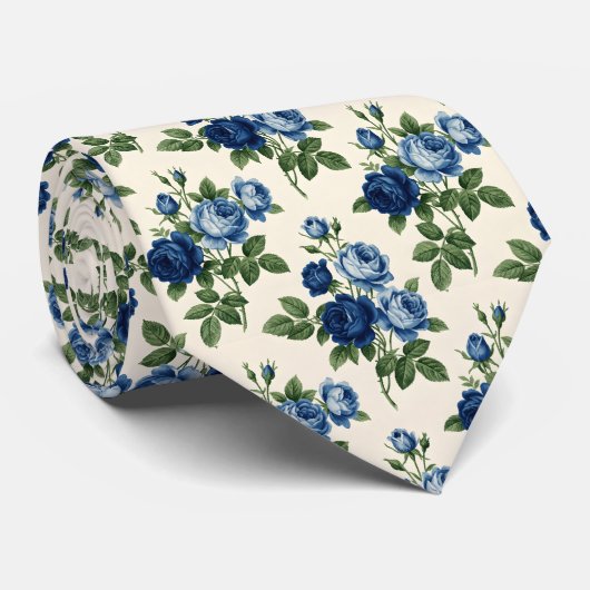 Blue Rose Floral Pattern Stropdas (Opgerold)