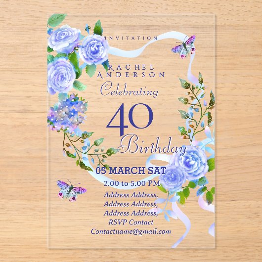 Blue Rose Ribbon 40th  Birthday Invitation (Recto)