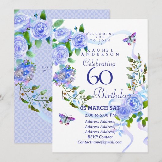 Blue Rose Ribbon 60th  Birthday Invitation (Devant / Derrière)