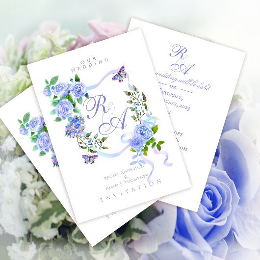 Blue Rose Ribbon Monogram Wedding Invitation