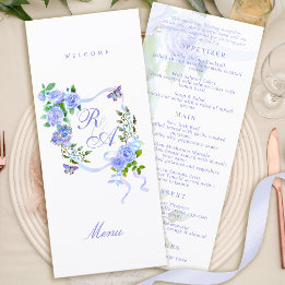 Blue Rose Ribbon Monogram Wedding Menu