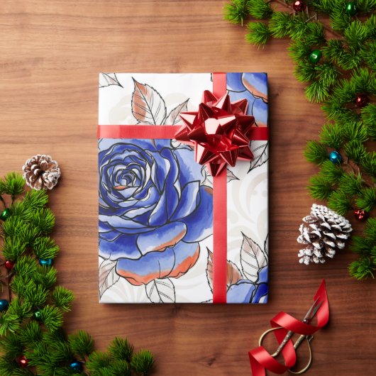 Blue Rose Watercolor Pattern Wrapping Paper Cadeaupapier (Feestdagen Geschenken)