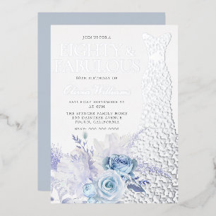 Blue Roses 80ste verpartij Zilver Folie Uitnodiging