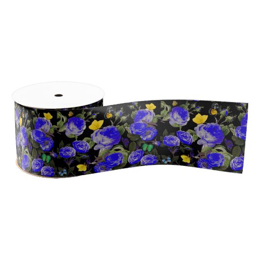 BLUE ROSES AND YELLOW BUTTERFLIES Black Grosgrain Lint (Spoel)