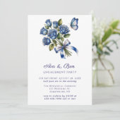 Blue Roses Butterfly Silver Engagement Party Kaart (Staand voorkant)