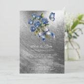 Blue Roses Butterfly Silver Engagement Party Kaart (Staand voorkant)