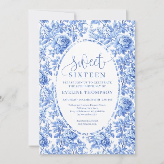 Blue Roses Chic Digital Sweet 16 Invitation Kaart (Voorkant)