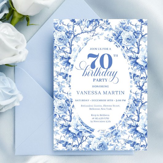 Blue Roses Classic 70th Birthday Invitation Kaart