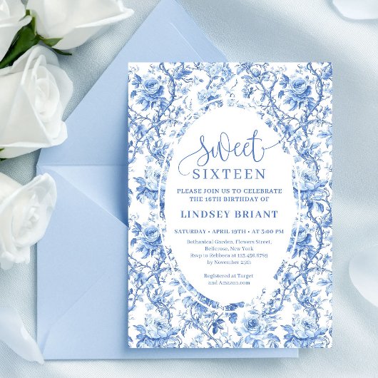 Blue Roses Digital Floral 16th Birthday Invitation